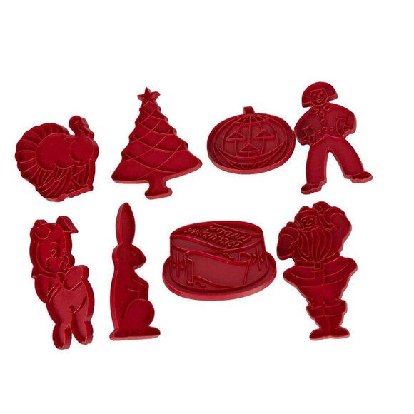 Tupperware Cookie Cutters Set 8 Red Plastic Christmas Holiday Birthday Vintage - Picture 2 of 10